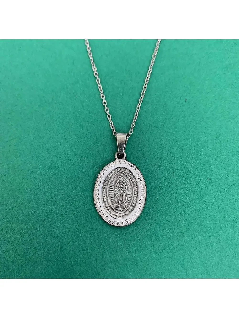 Stainless steel Silver Saint Marry rhinestone pendant y2k 90s style necklace